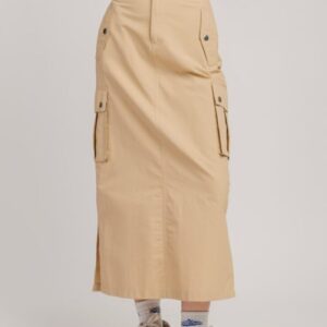Long Straight Khaki Skirt with 2 Side Pockets